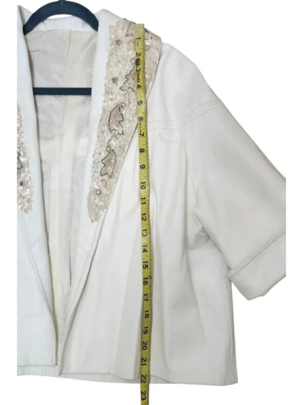 Vintage White Genuine Leather Beaded Sequin Jacket Women Cropped Open Front Boho